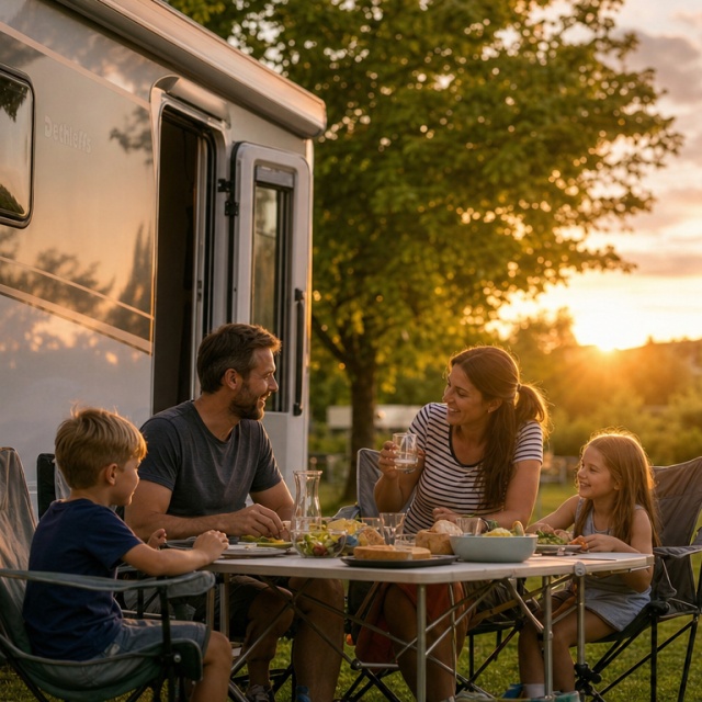 Familie sitzt vor einem Wohnmobil auf dem Wohnmobilstellplatz im Elbauenpark Magdeburg. Im Hintergrund ist der Jahrtausendturm bei Sonnenuntergang zu sehen.