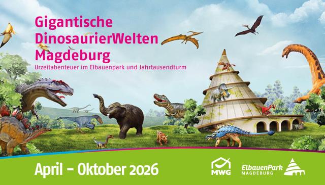 Panorama mit Dinosauriern im Vordergrund und dem Jahrtausendturm im Hintergrund