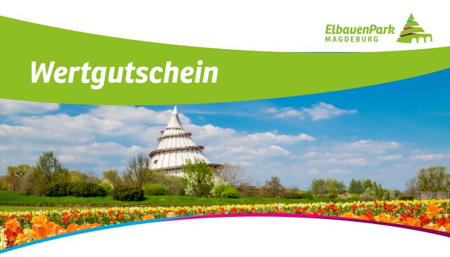 Panorama mit bunten Blumenfeldern im Vordergrund und dem Jahrtausendturm im Hintergrund